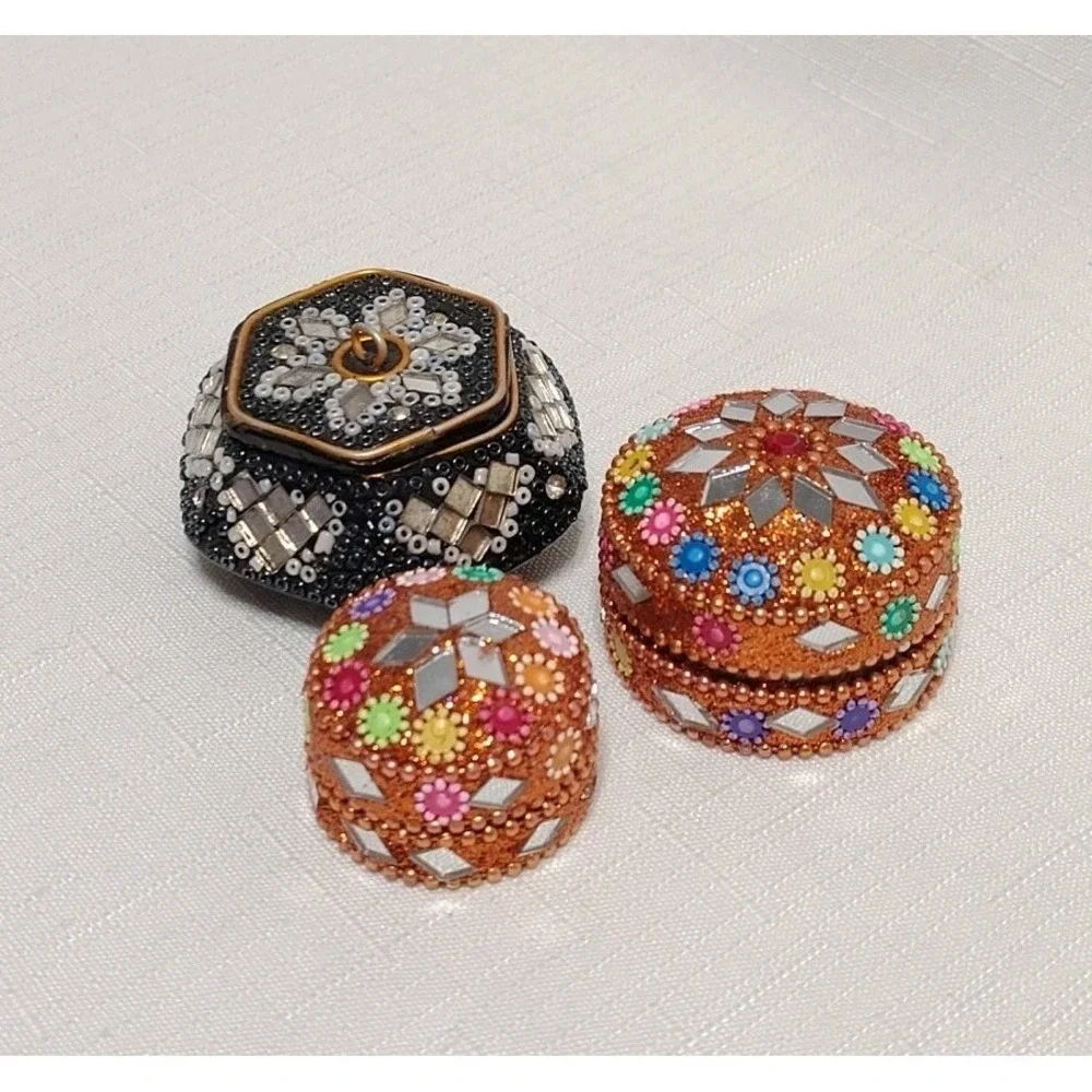 Hand Made Mosaic Beaded Bejeweled Tin And Wood Jewelry Trinket Boxes Lot Of 3
